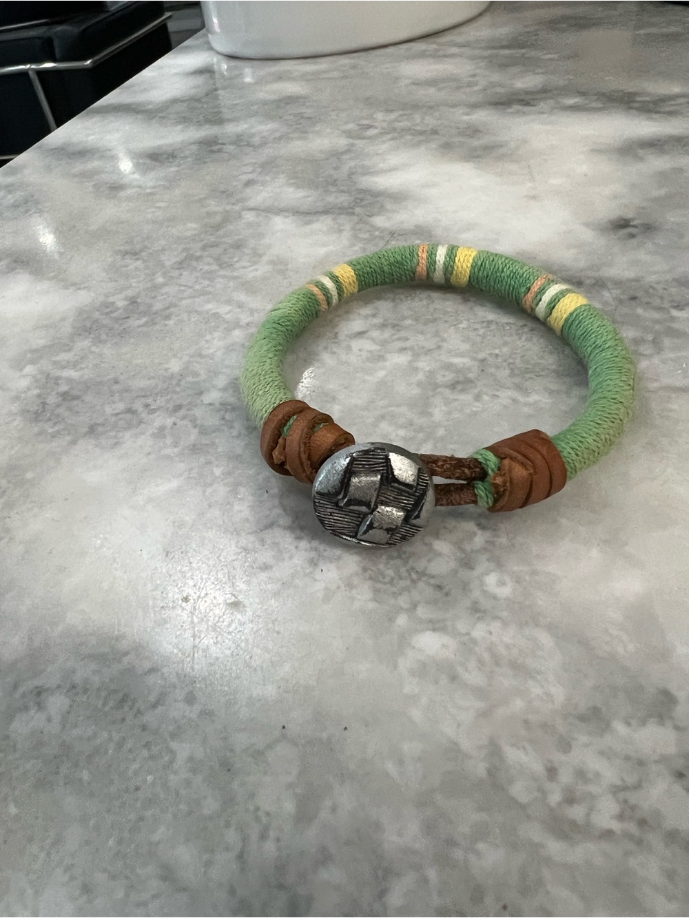 Handmade Green Thread & Leather Bracelet with Silver Button Closure